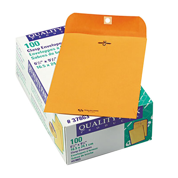 A box of Quality Park brown Kraft file envelopes with clasp closures.