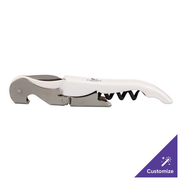 A Franmara white enamel and silver corkscrew with black accents.