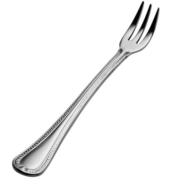 A Bon Chef stainless steel oyster/cocktail fork with a silver handle.