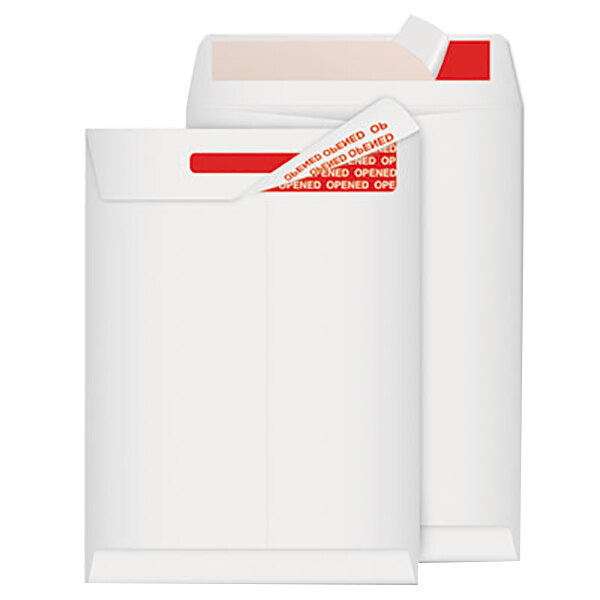 Two white Quality Park Tyvek envelopes with red tape on them.