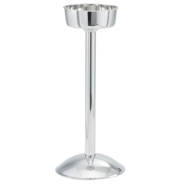 A Vollrath stainless steel wine bucket stand with a round base.