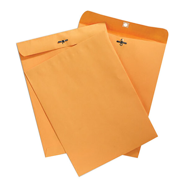 A group of orange Quality Park clasp envelopes with a string attached.