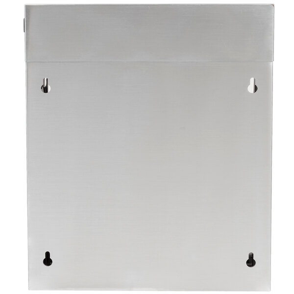 A close-up of the stainless steel plate with holes inside the silver Edlund Helios Ultraviolet Knife Sterilizer Cabinet.