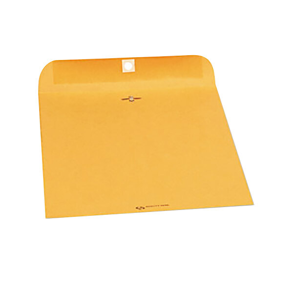 A close-up of a yellow Quality Park file envelope with a clasp and gummed seal.