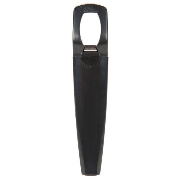 A close up of a black Franmara Traveler's corkscrew and bottle opener with a hole in the middle.