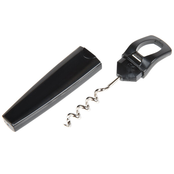 A black bottle opener with a corkscrew.