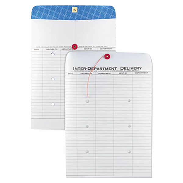 Two white Quality Park interoffice envelopes with string and button closures.