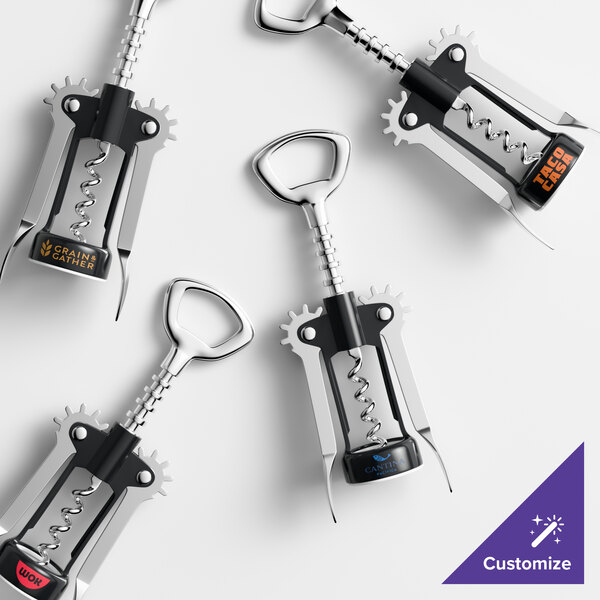 A set of customizable wing corkscrews with black bodies and metal handles.