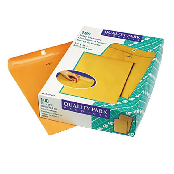 A box of Quality Park brown Kraft envelopes with clasp and gummed seals.