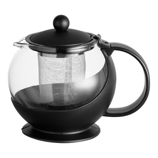 A glass teapot with a black handle and lid, featuring a stainless steel infuser basket inside.