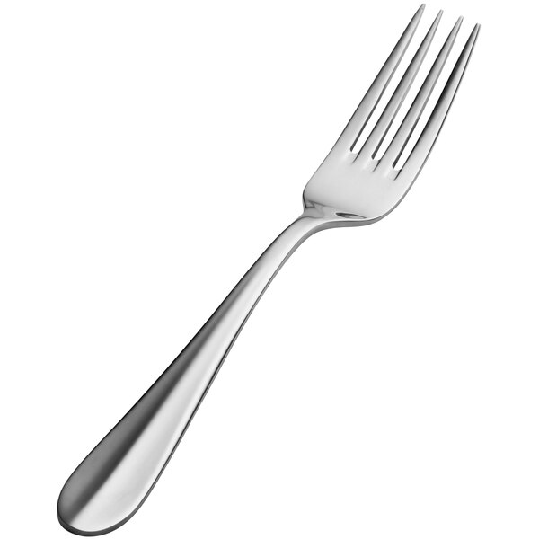 A close-up of a Bon Chef Monroe dinner fork with a silver handle.