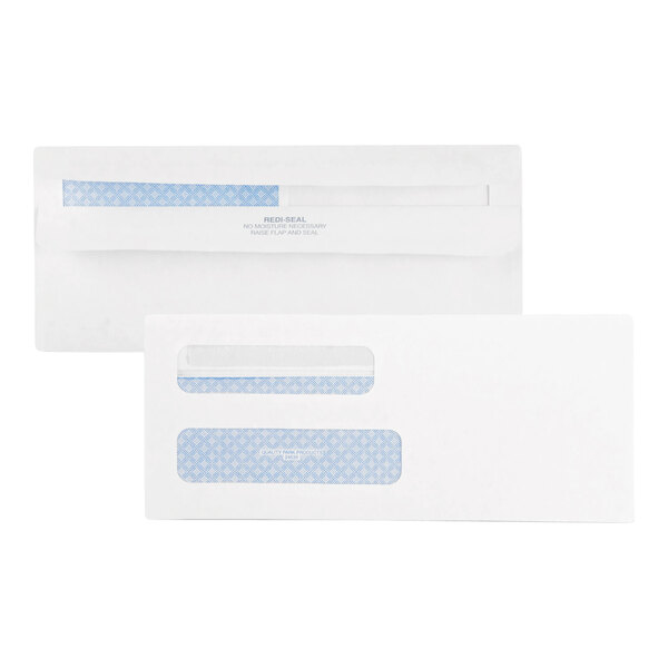 A white security-tinted business envelope with two windows and a Redi-Seal strip.