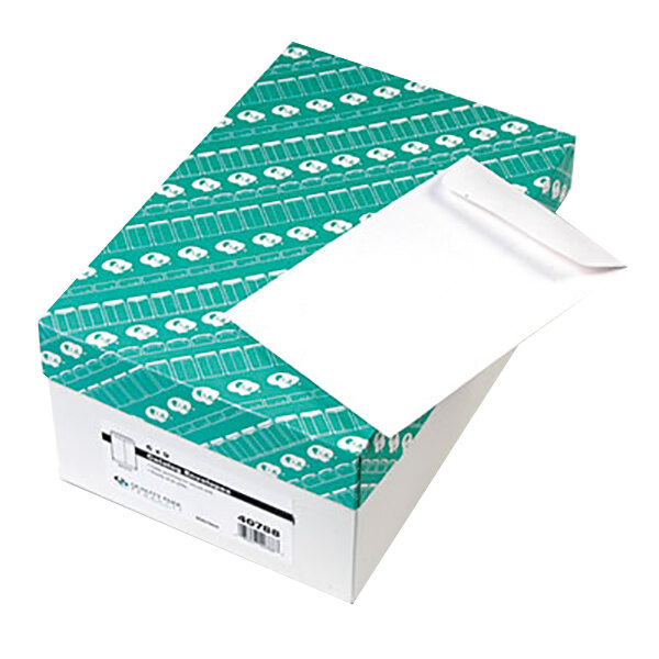 A green box of white Quality Park file envelopes with gummed seals.