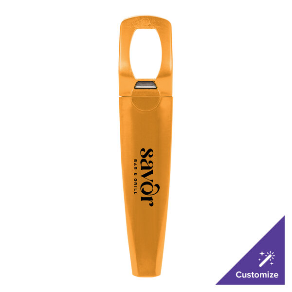 A yellow Franmara plastic bottle opener with black text reading "Traveler's Orange" and "Customizable" in a close up of a beer.