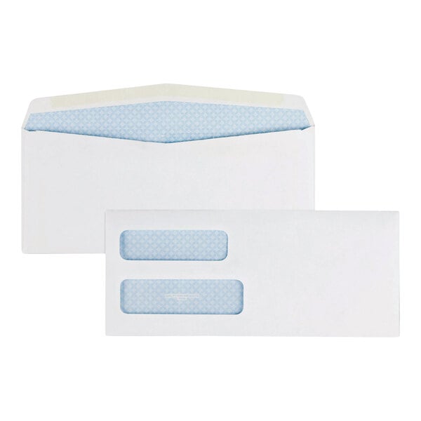 A white security-tinted check envelope with two windows and a gummed seal.