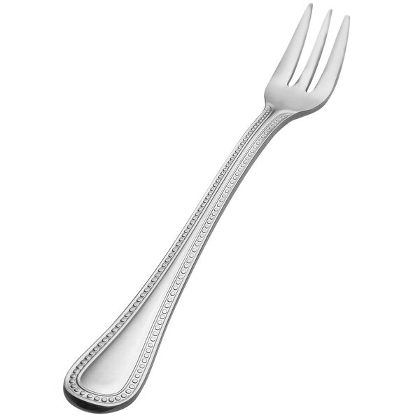 A silver Bon Chef cocktail fork with a design on the handle.