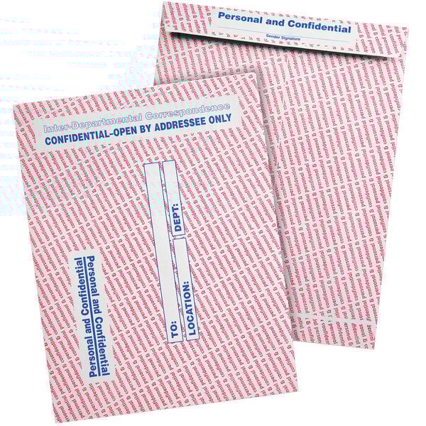 Two gray and red Quality Park interoffice envelopes with gummed seals.
