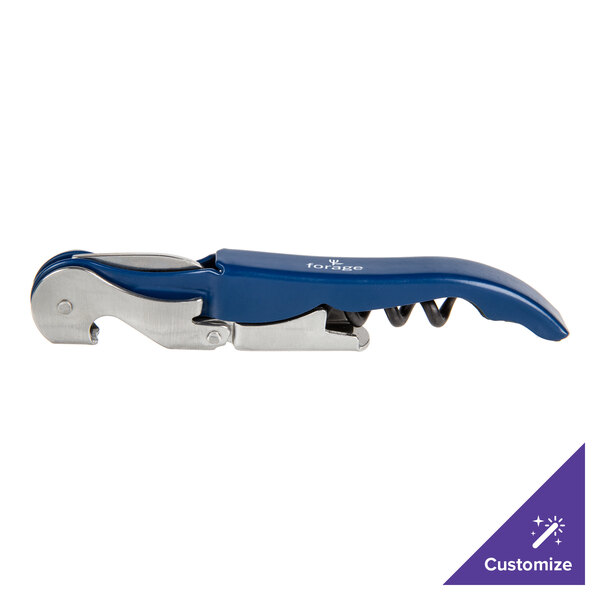 A Franmara navy blue and silver corkscrew with a customizable handle.