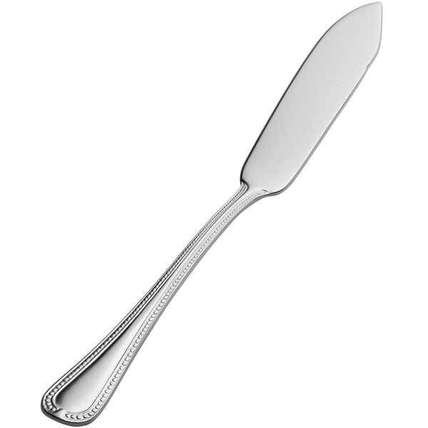 A Bon Chef stainless steel butter spreader with a flat handle.