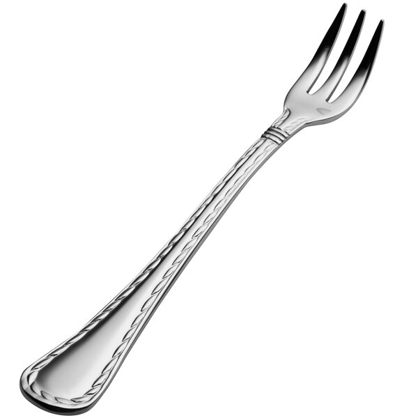 A Bon Chef stainless steel oyster/cocktail fork with a silver handle.