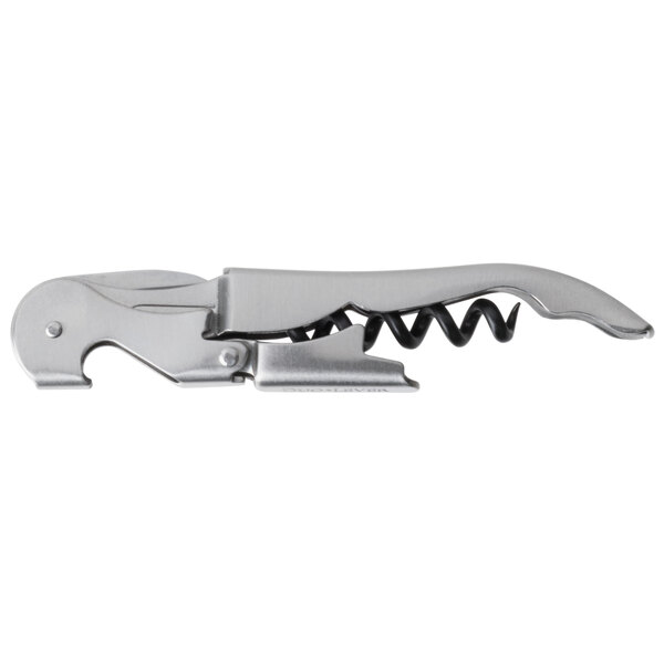 A silver Franmara Duo-Lever Waiter's Corkscrew with a black spiral and a bottle opener.