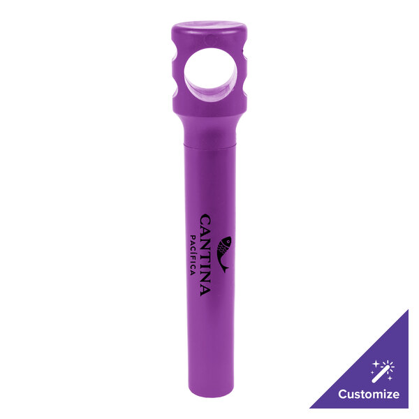 A purple cylindrical plastic tube with black text reading "Franmara Grape Customizable Corkscrew"