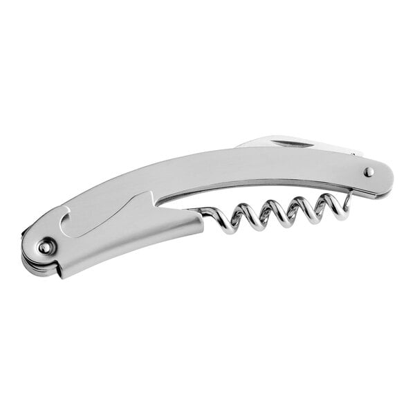 A silver Franmara curved stainless steel waiter's corkscrew with a black handle.