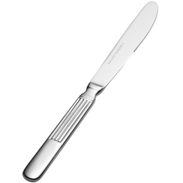 A Bon Chef stainless steel dinner knife with a solid handle.