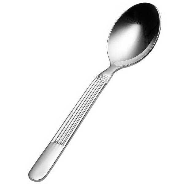 A silver Bon Chef demitasse spoon with a black handle.