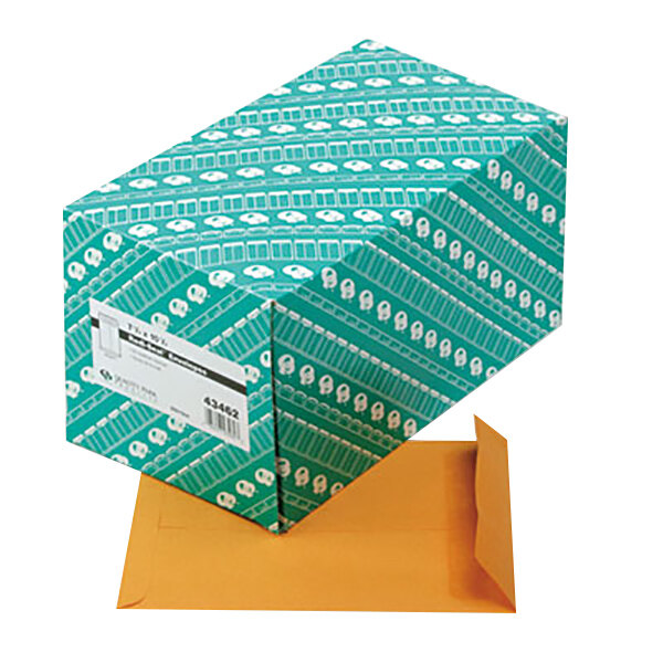 A green box with white designs on it containing Quality Park brown kraft file envelopes.