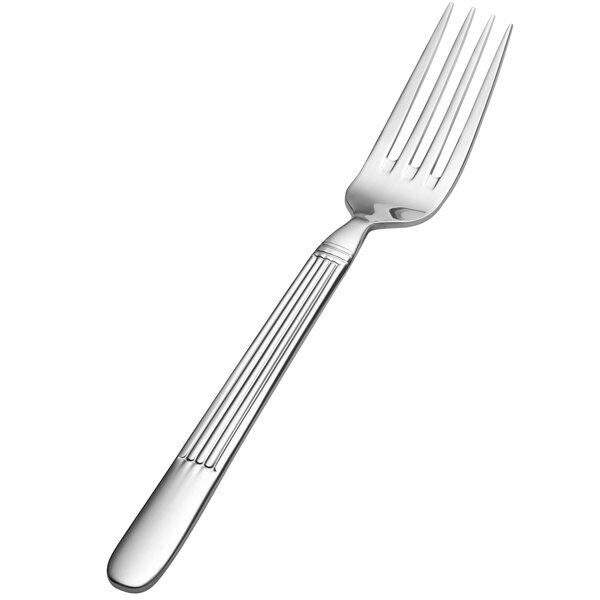 A close-up of a silver Bonsteel European dinner fork with a silver handle.