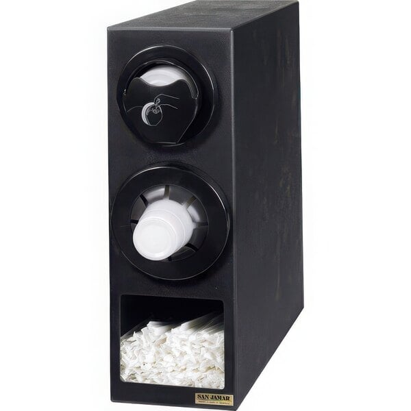 A black San Jamar countertop cup and lid dispenser with straw bin.