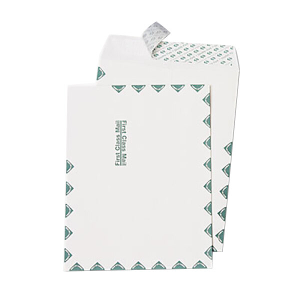 A stack of white Quality Park file envelopes with First Class postal border in green