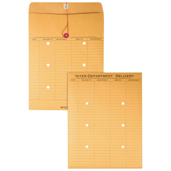 Two brown Quality Park interoffice envelopes with a red string and button closure.