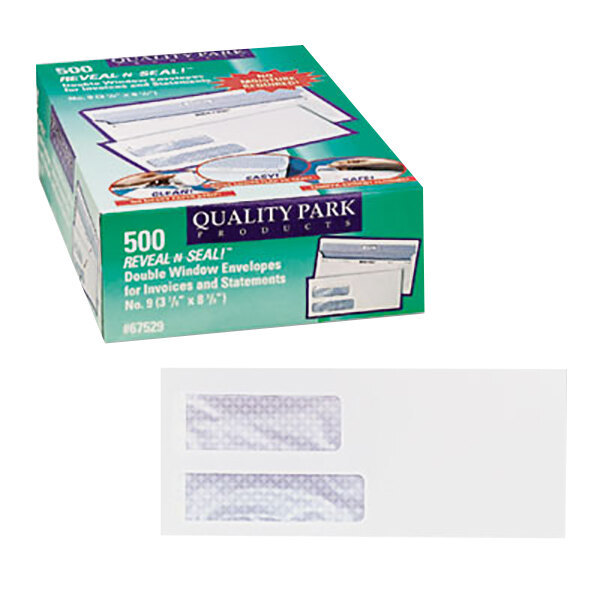 A box of 500 Quality Park white window invoice envelopes with a Reveal N Seal window seal.