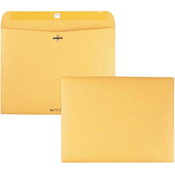 A close-up of a yellow Quality Park file envelope with a clasp.