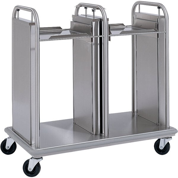 A silver metal cart with four Delfield tray dispensers on it.