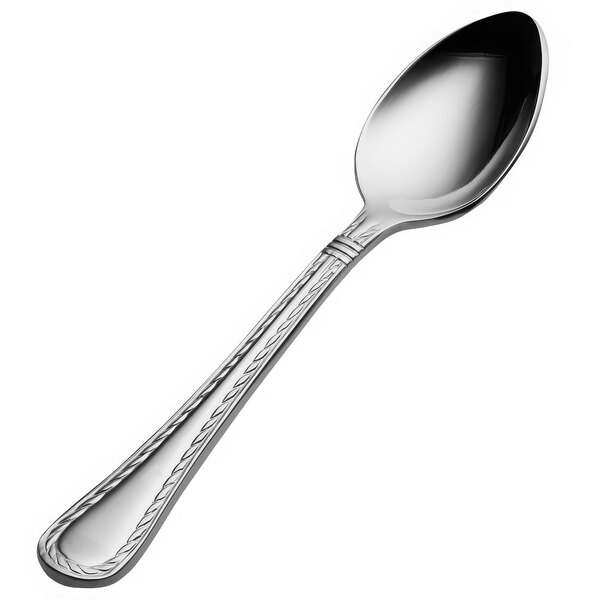 A Bon Chef stainless steel demitasse spoon with a braided handle.