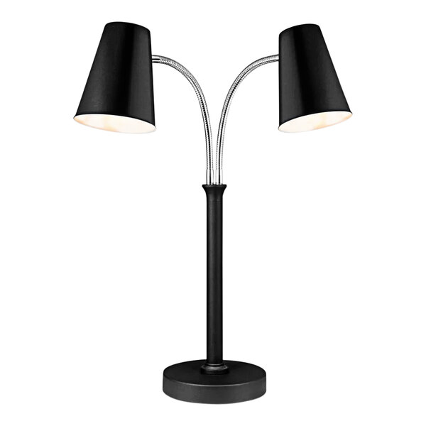 A black Bon Chef freestanding heat lamp with two bulbs.