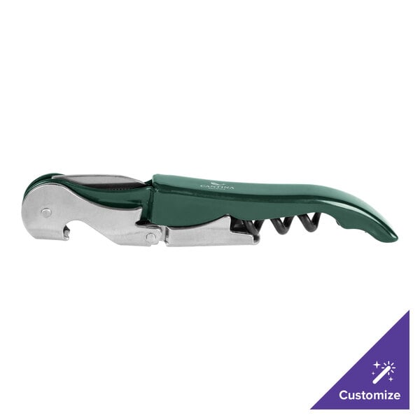A green and silver Franmara waiter's corkscrew with a green enamel handle.