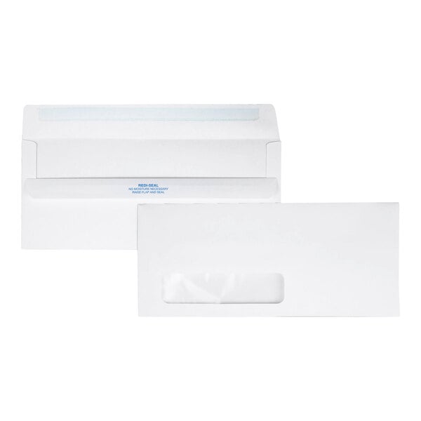 A white business envelope with a transparent window and Redi-Seal closure.