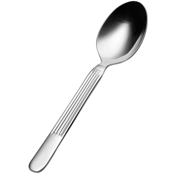 A silver Bon Chef soup spoon with a black handle.