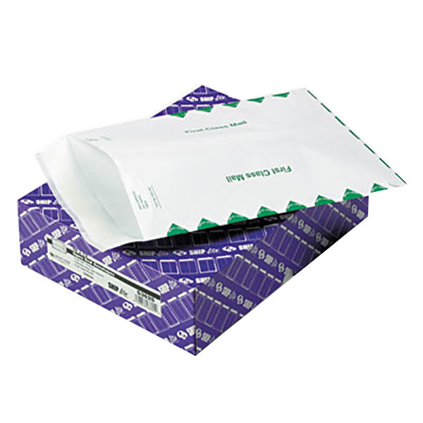 A white box with the words "Quality Park" in green and purple contains white Quality Park mailers with red and black writing.