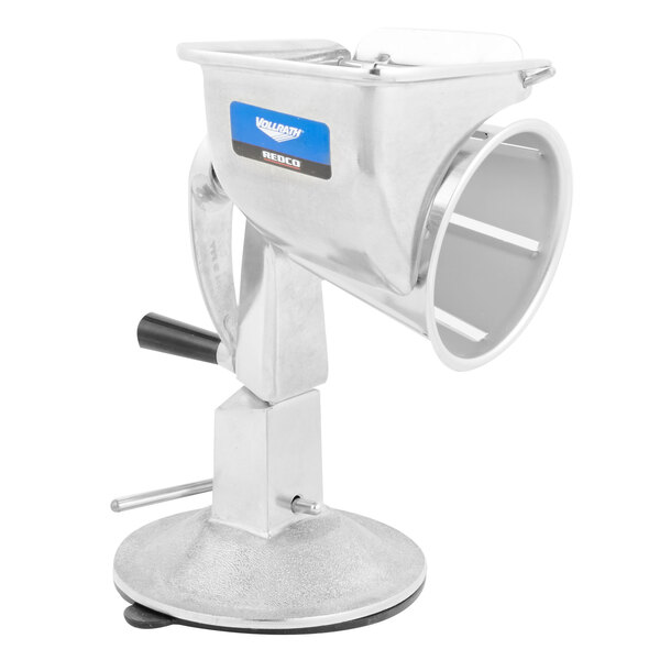 A Vollrath King Kutter manual food processor with silver metal cones.