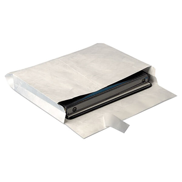 A white envelope with a black object inside.
