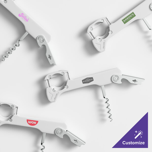 A white customizable waiter's corkscrew with a built-in bottle opener and foil cutter.