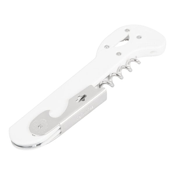 A white-handled waiter's corkscrew with a metal spiral and bottle opener attachment.