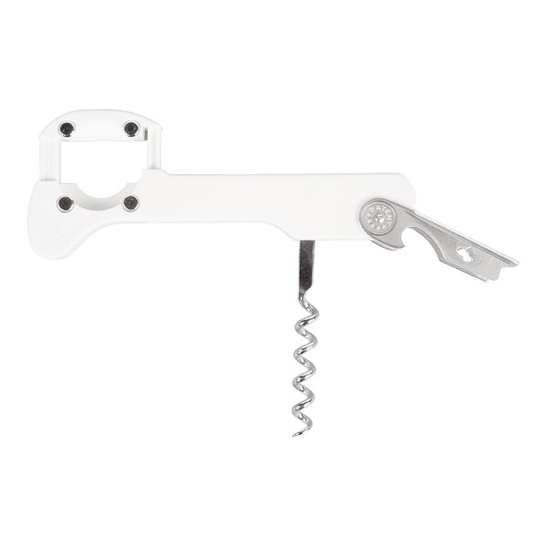 A white-handled waiter's corkscrew featuring a metal spiral, a bottle opener, and a foil cutter.