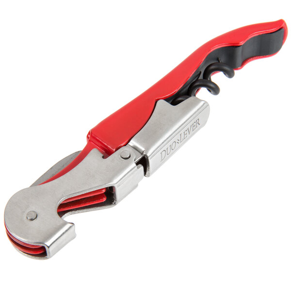 A Franmara Duo-Lever waiter's corkscrew with a red enamel handle and black accents.