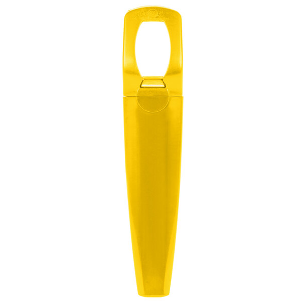 A yellow plastic Franmara Traveler's Corkscrew and Bottle Opener with black lines.